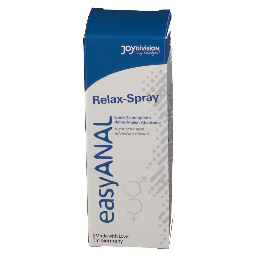 Scatola con coperchio blu. Scritta: easyANAL Relax-Spray. Logo: JoyDivision. Prodotto in Germania.