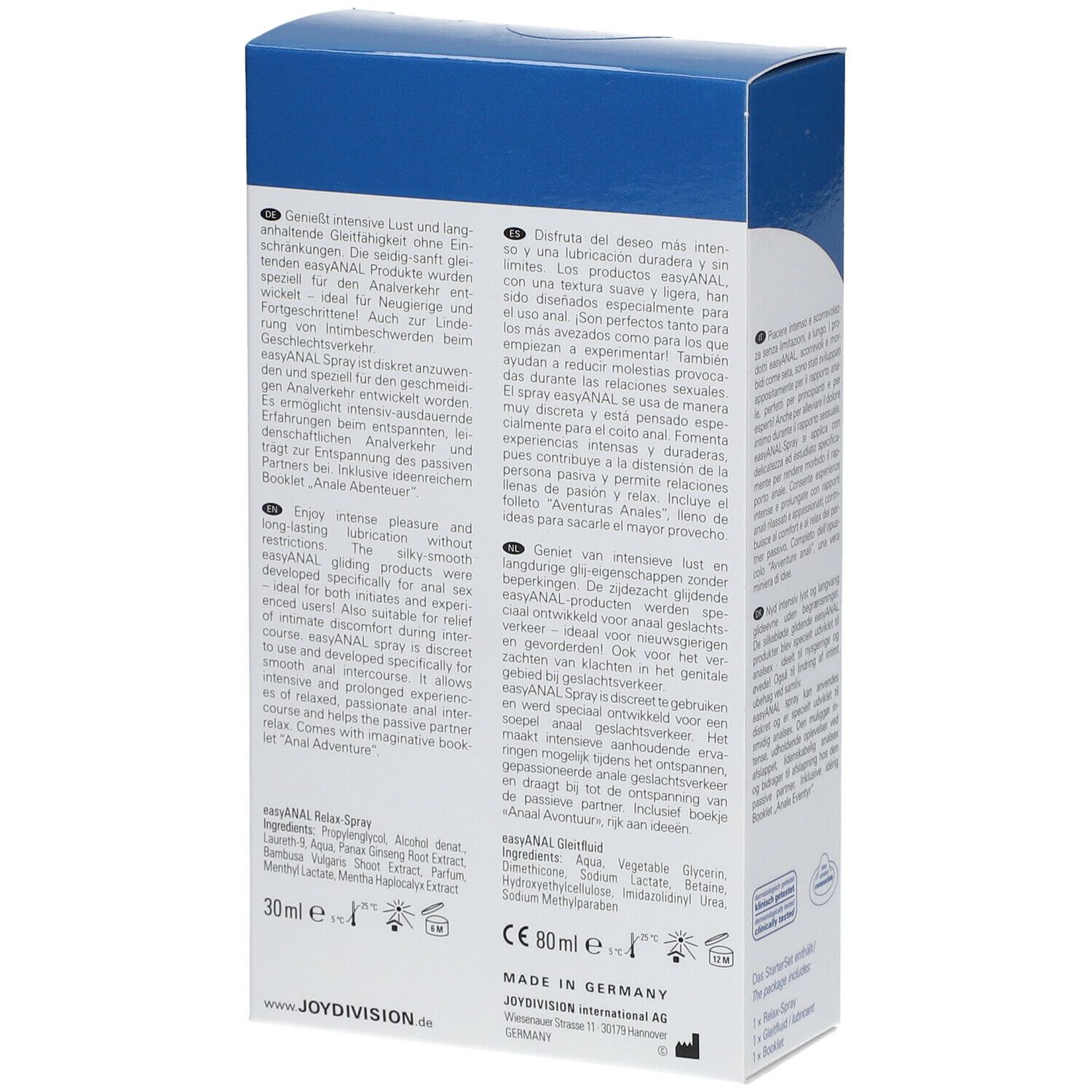 Retro della confezione easyANAL Starterset. Contiene ingredienti e informazioni produttore. Testo multilingue.