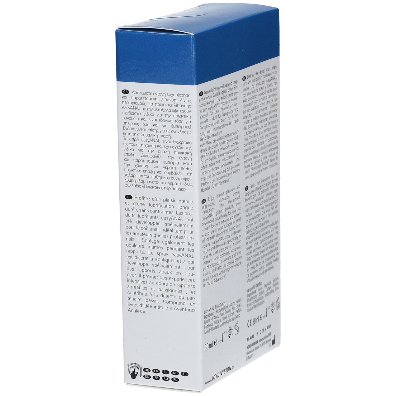 Vista laterale della confezione easyANAL Starterset. Scatola blu e bianca con nome e logo. Testo multilingue.