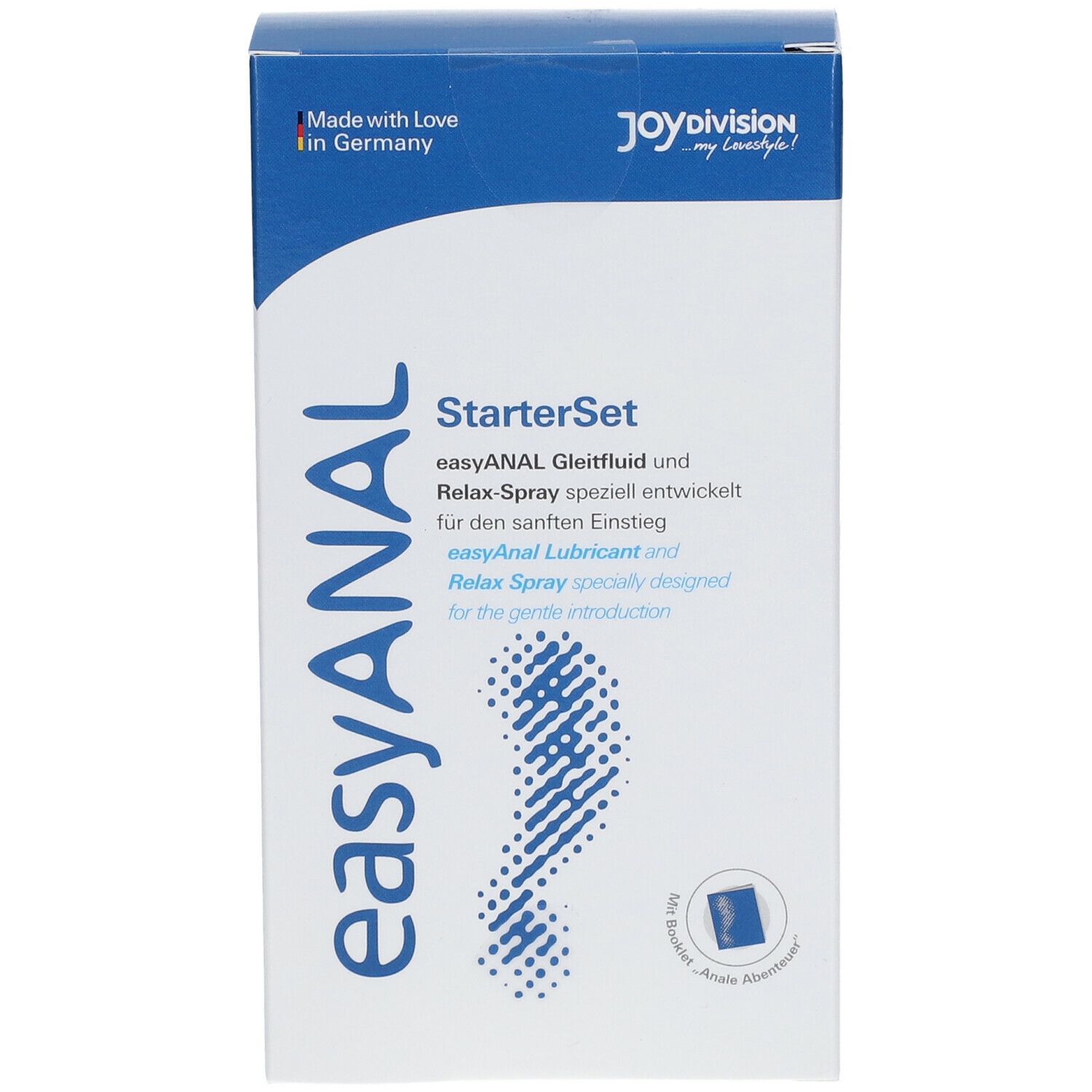 Confezione easyANAL Starterset. Scatola blu e bianca con nome e logo. Contiene lubrificante e spray.
