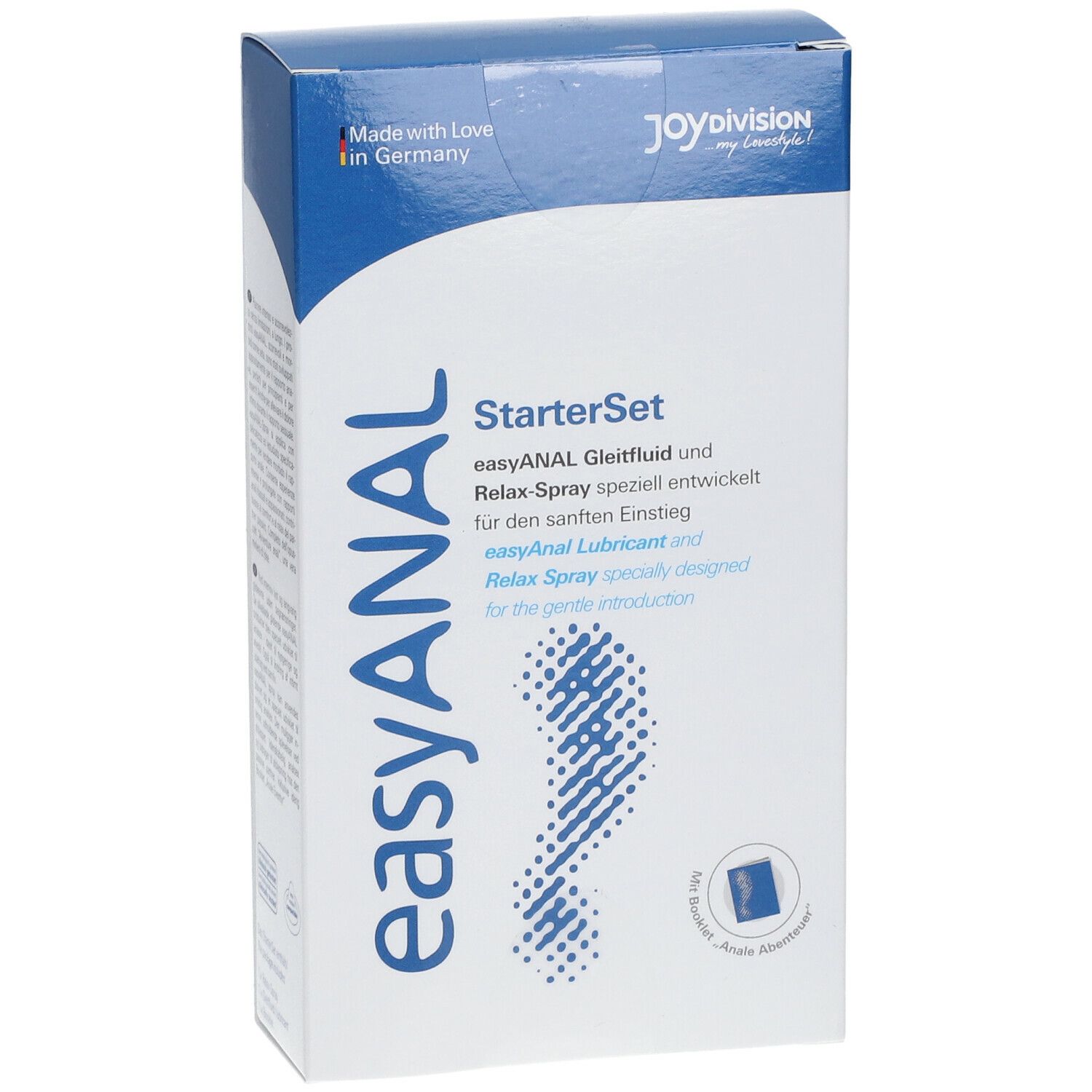 Confezione easyANAL Starterset. Scatola blu e bianca con nome e logo. Contiene lubrificante e spray.