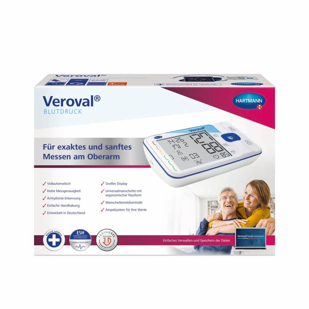 Veroval® misuratore pressione braccio. Confezione con dispositivo e display. Logo e testo.
