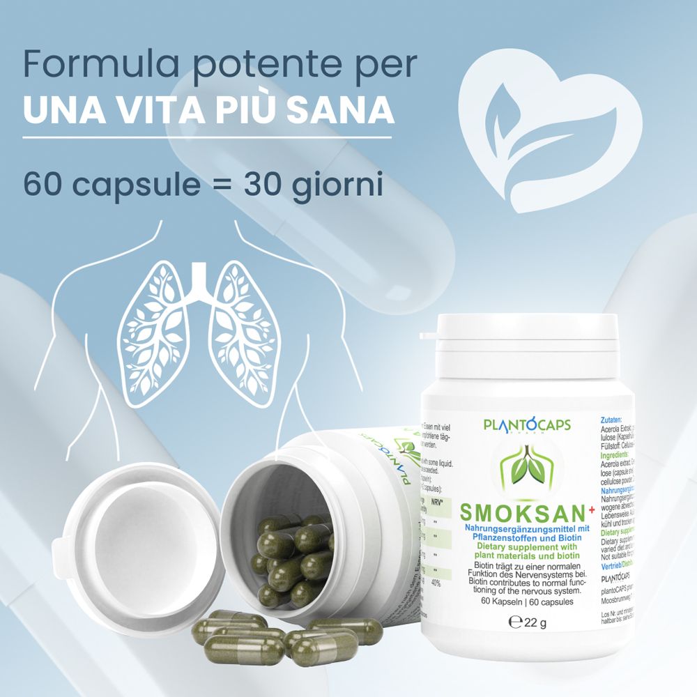 Barattolo di capsule PlantoCaps SMOKSAN+, retro con ingredienti e istruzioni in italiano.