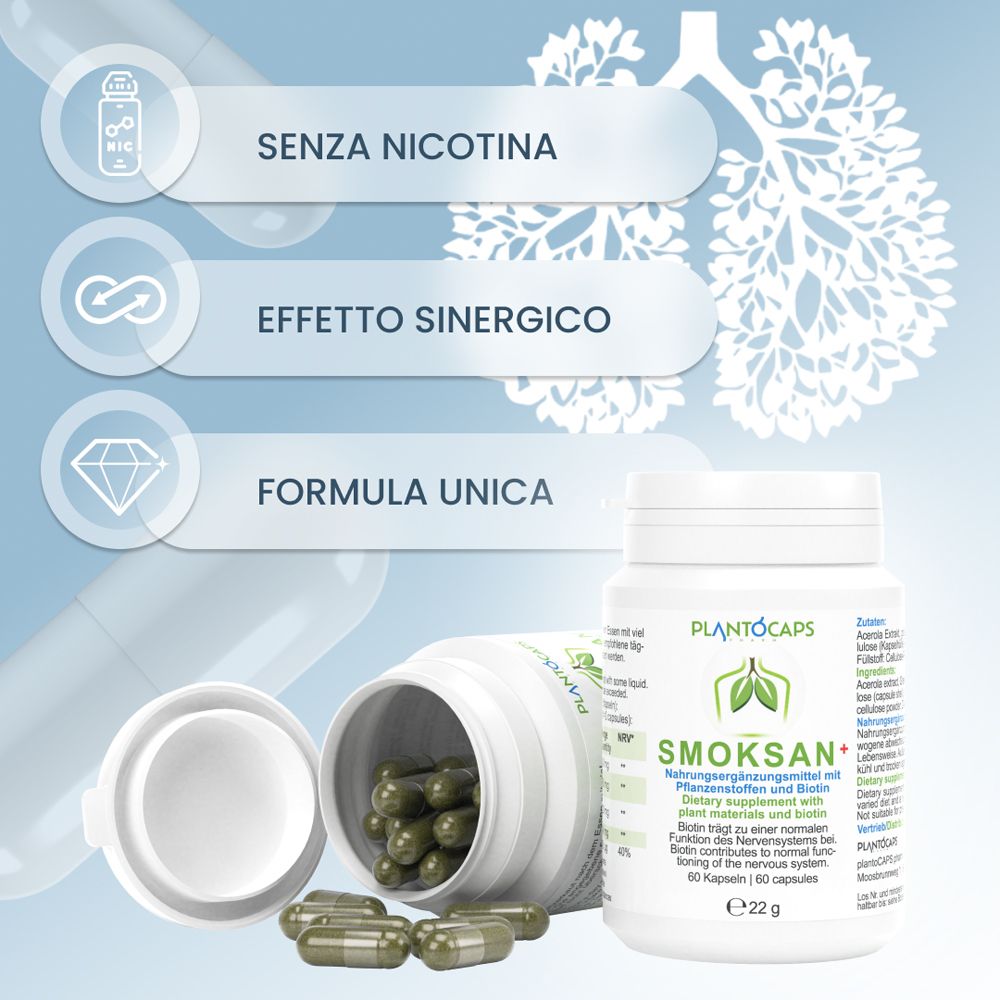 Barattolo di capsule PlantoCaps SMOKSAN+, lato con raccomandazione d'uso e ingredienti in italiano.