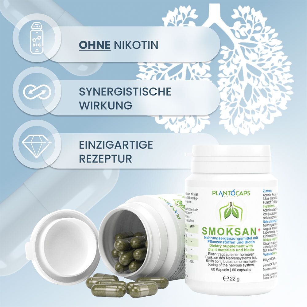 Barattolo plantoCAPS® SMOKSAN® + e contenitore aperto con capsule verdi, simbolo polmonare, "Senza Nicotina".