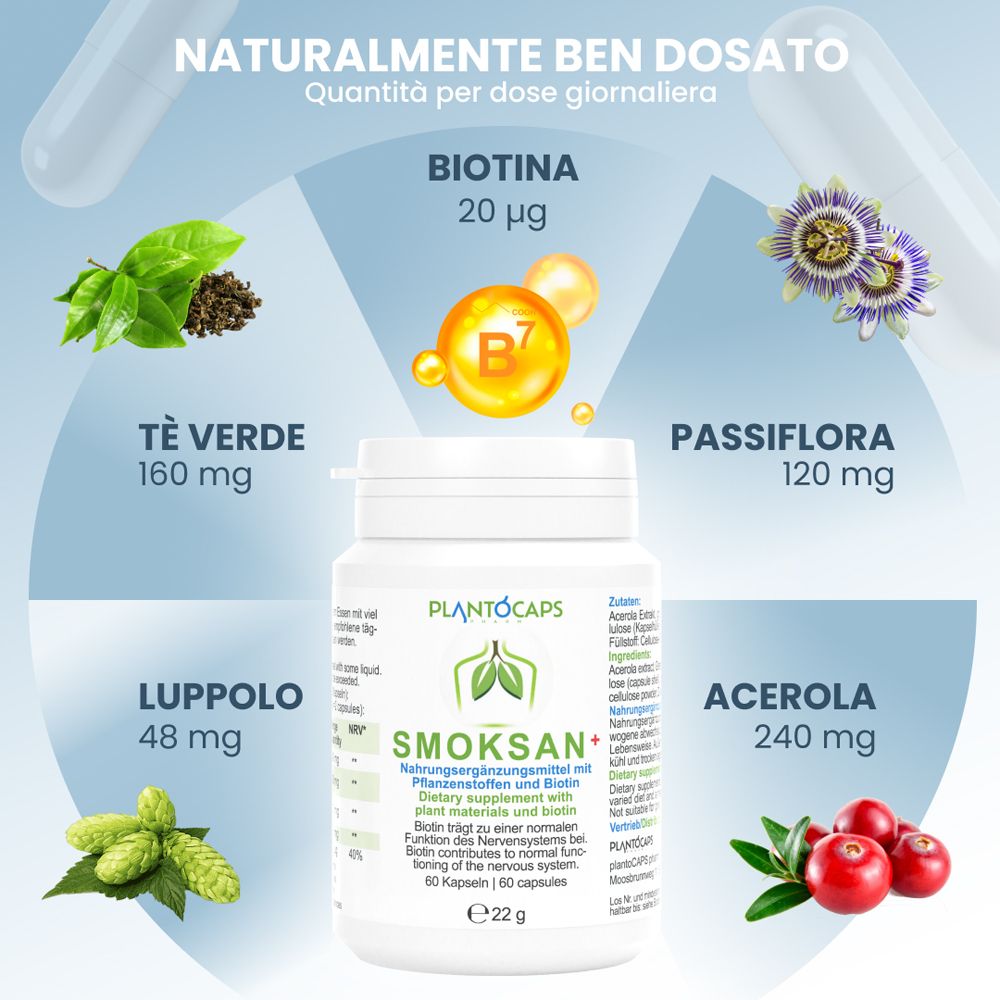 Barattolo di capsule PlantoCaps SMOKSAN+ con etichetta italiana, informazioni nutrizionali.