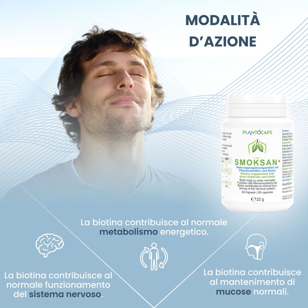 Barattolo di capsule PlantoCaps SMOKSAN+, retro con tabella nutrizionale e ingredienti in italiano.