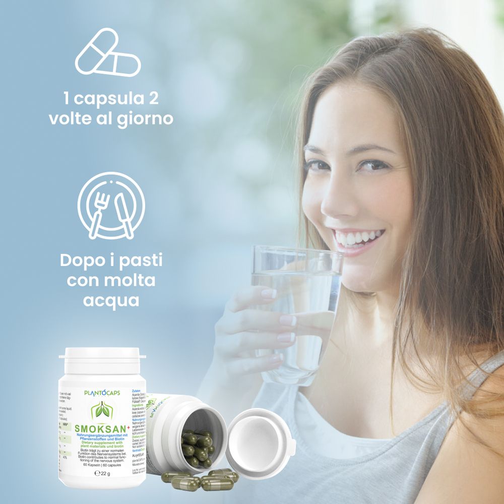 Barattolo di capsule PlantoCaps SMOKSAN+ con etichetta italiana e logo.