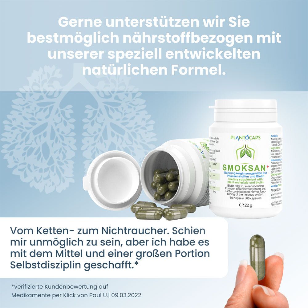 Barattolo plantoCAPS® SMOKSAN® + e contenitore aperto con capsule verdi, simbolo polmonare, recensione cliente.