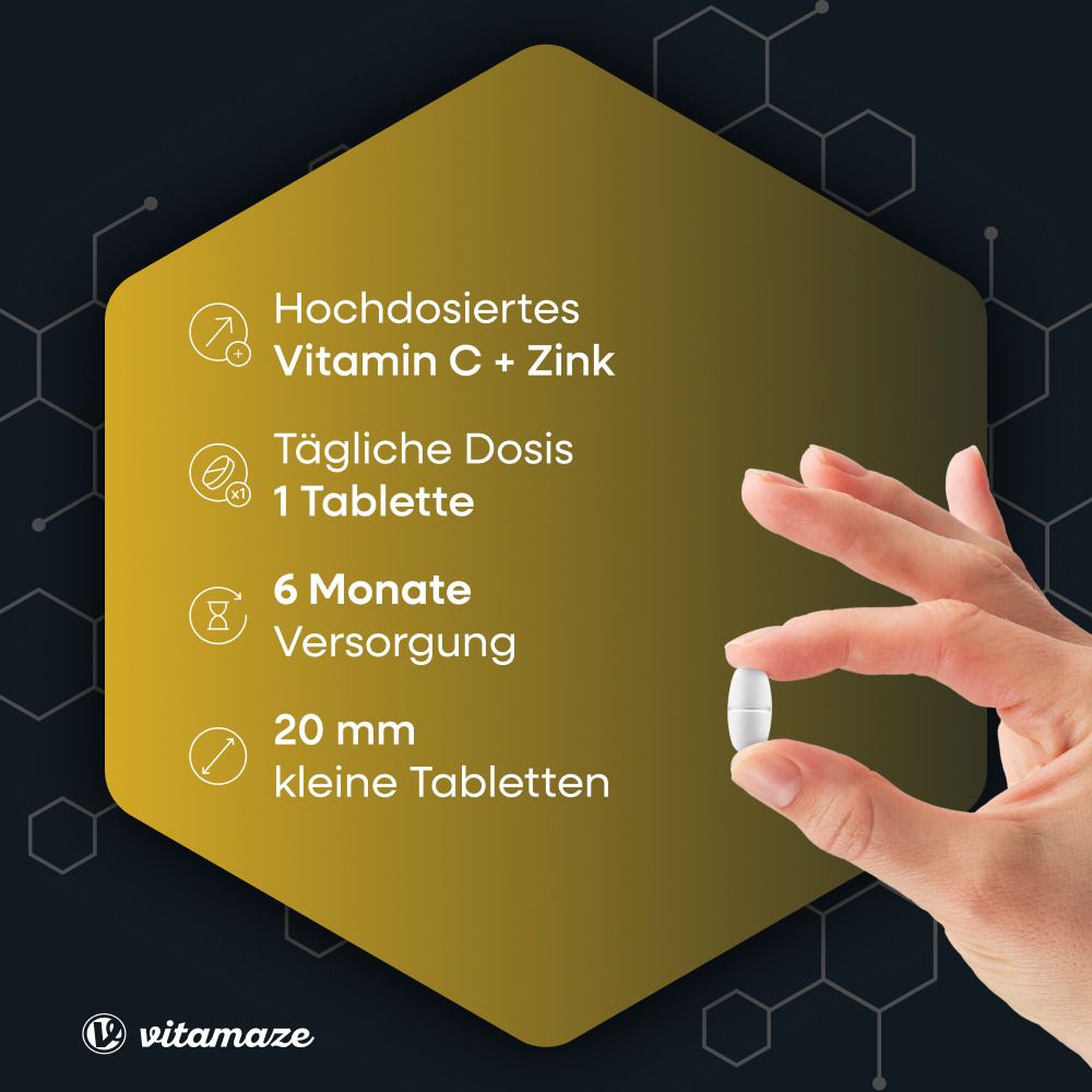 Sfondo giallo con informazioni su vitamina C + zinco. Una compressa tenuta in mano. Compresse piccole da 20 mm.