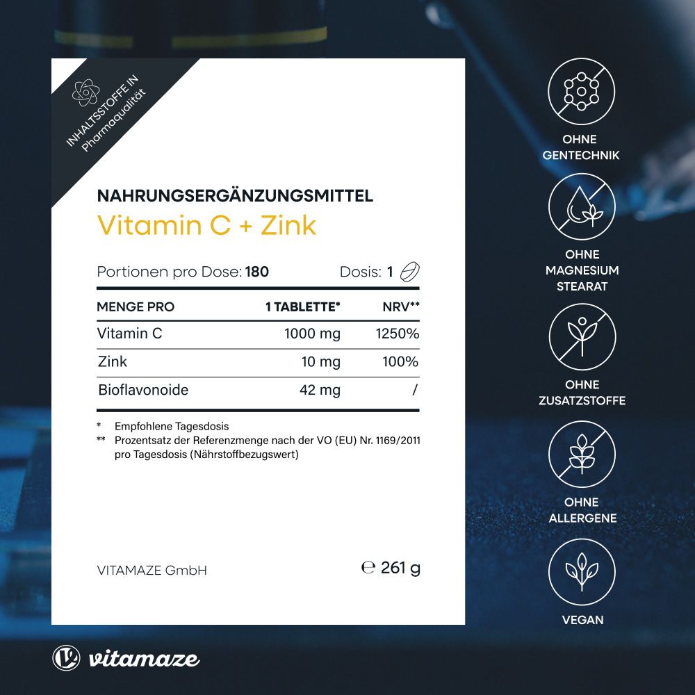 Integratore alimentare vitamina C + zinco. Tabella nutrizionale con vitamina C, zinco e bioflavonoidi. Vegano.