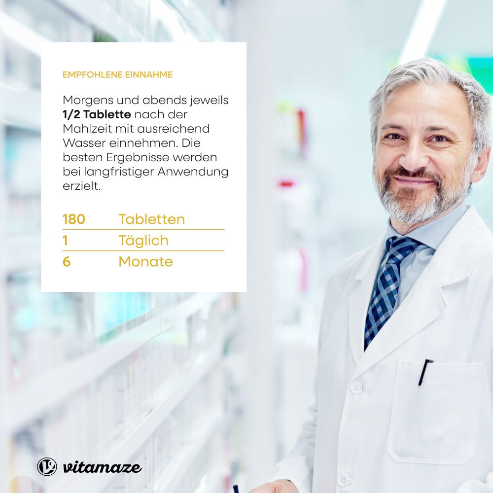 Medico sorridente. Testo: Modo d'uso: Mattina e sera 1/2 compressa dopo pasto con acqua. 180 compresse, 6 mesi.
