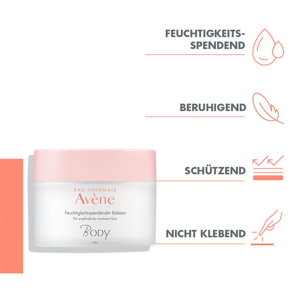Prodotto con coperchio rosa. Testo: Avène, Balsamo idratante, Body. Proprietà: idratante, lenitivo, protettivo.