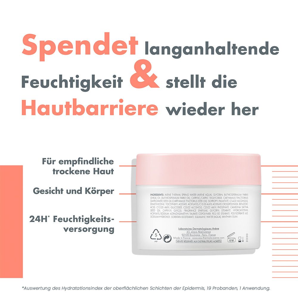 Prodotto con coperchio rosa. Testo: Avène, Balsamo idratante, Body. Per pelli sensibili e secche. Idratazione 24h.