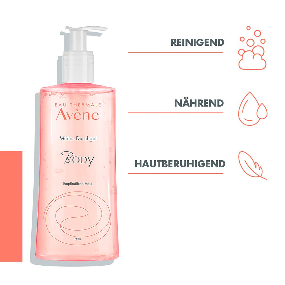 Flacone gel doccia Avène con testo. Testo: Detergente, nutriente, lenitivo, formula biodegradabile. OEC0301B.