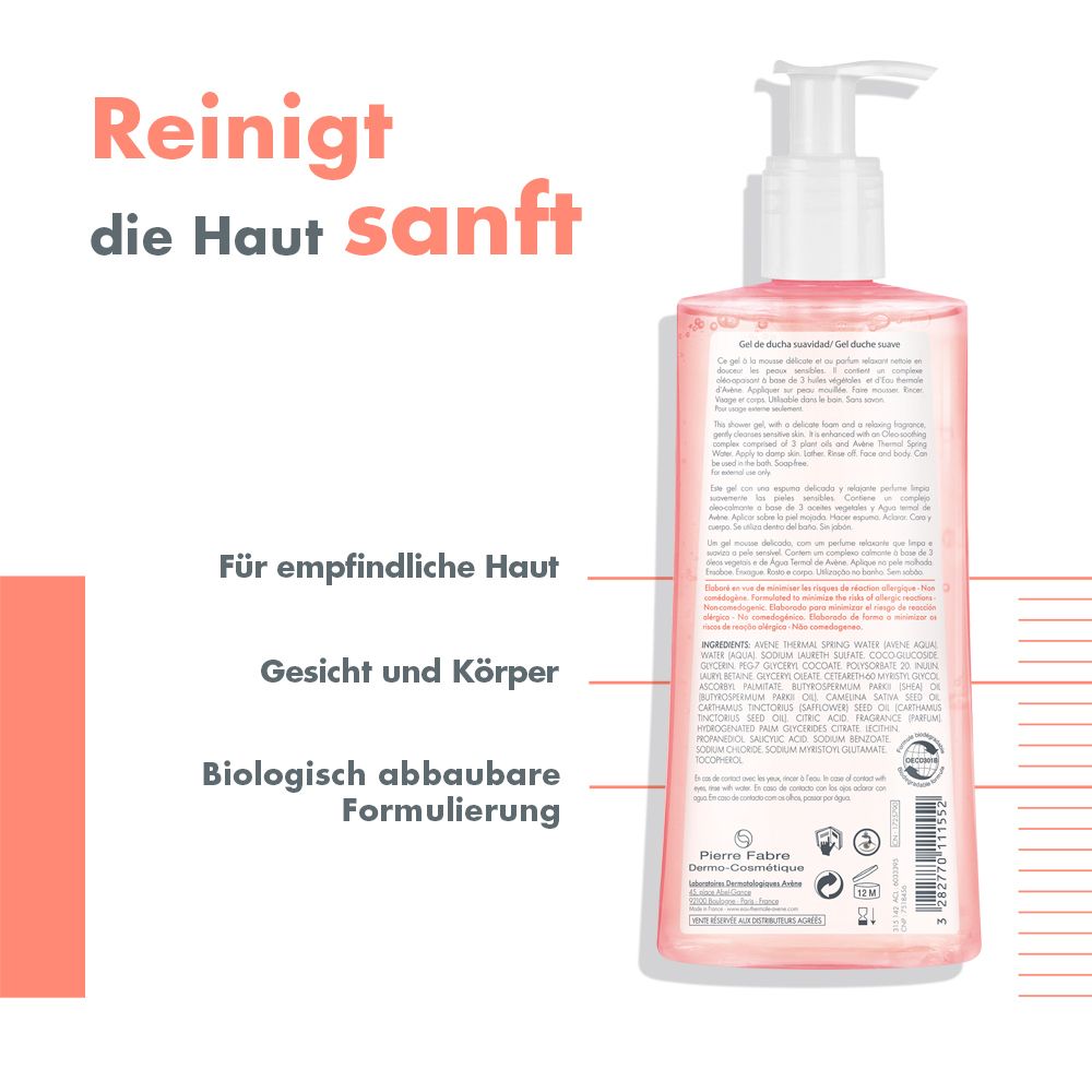 Retro del flacone di gel doccia Avène. Testo: Deterge delicatamente la pelle, per pelli sensibili, viso e corpo, formula biodegradabile.