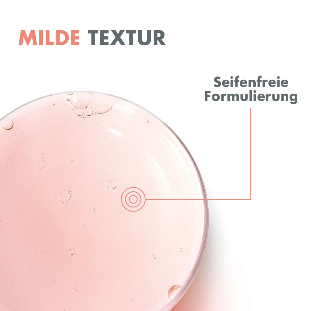 Primo piano del gel doccia. Testo: Texture delicata, formula senza sapone.