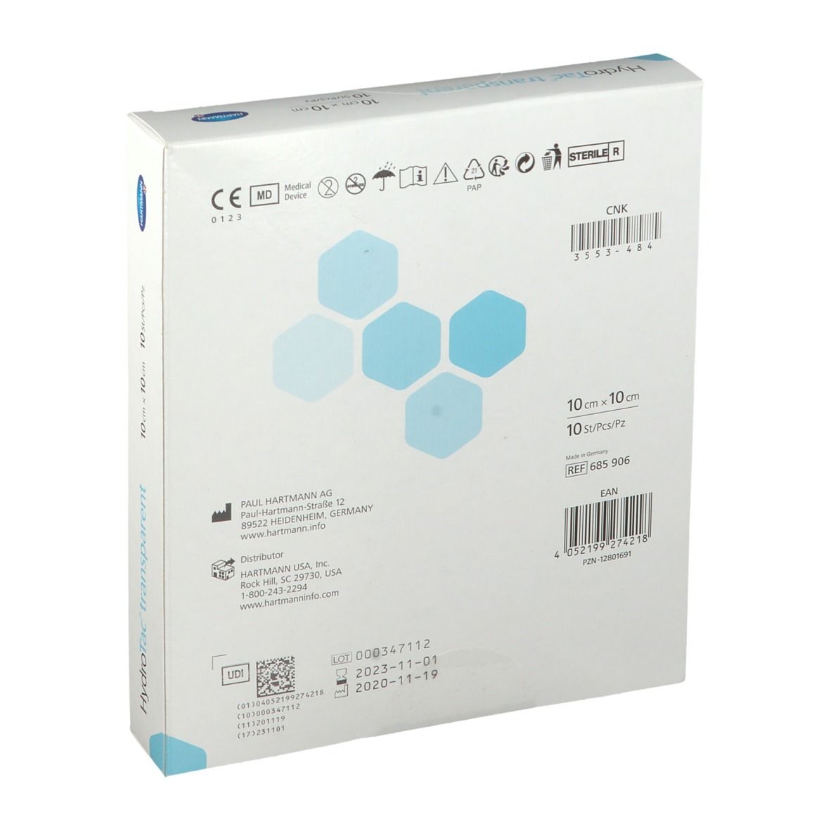 Retro della confezione HydroTac transparent. 10 x 10 cm, 10 pezzi. Informazioni produttore, marchio CE, sterile.