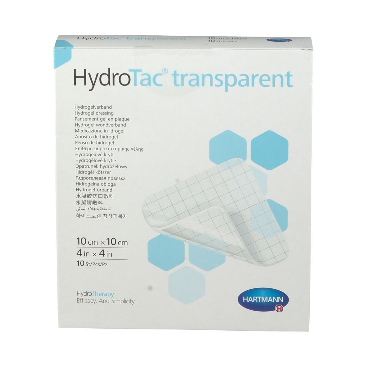 Vista frontale della confezione HydroTac transparent. 10 x 10 cm, 10 pezzi. Marchio Hartmann. Scritte multilingue.