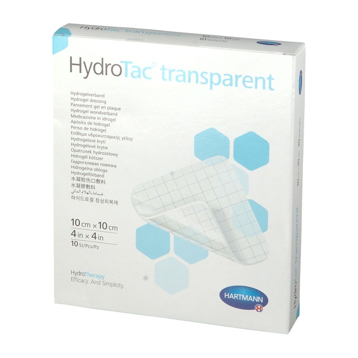 Vista frontale della confezione HydroTac transparent. 10 x 10 cm, 10 pezzi. Marchio Hartmann. Scritte multilingue.