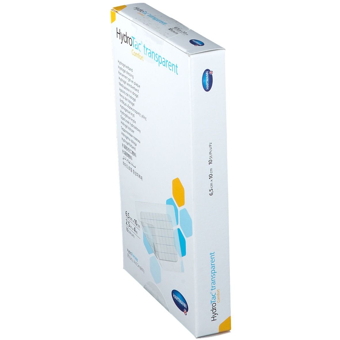 Vista laterale della confezione HydroTac transparent comfort. Dimensioni 6,5 x 10 cm. Logo Hartmann.