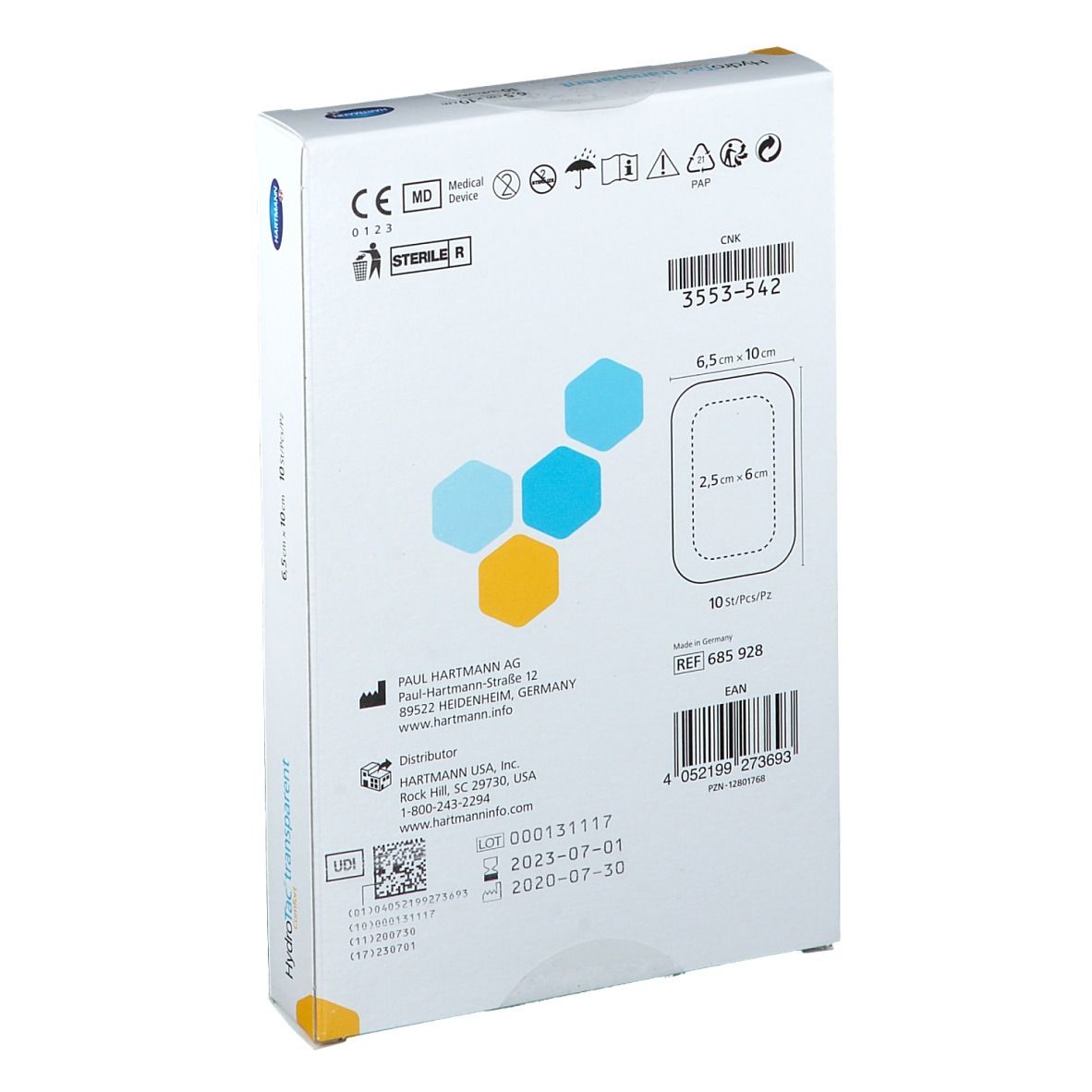 Retro della confezione HydroTac transparent comfort. Informazioni sul prodotto, numero di lotto, produttore.