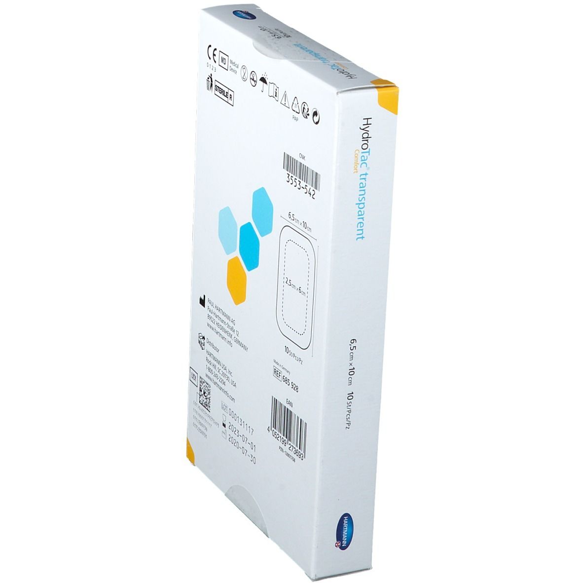 Vista laterale della confezione HydroTac transparent comfort. Informazioni sul prodotto, dimensioni 6,5 x 10 cm.