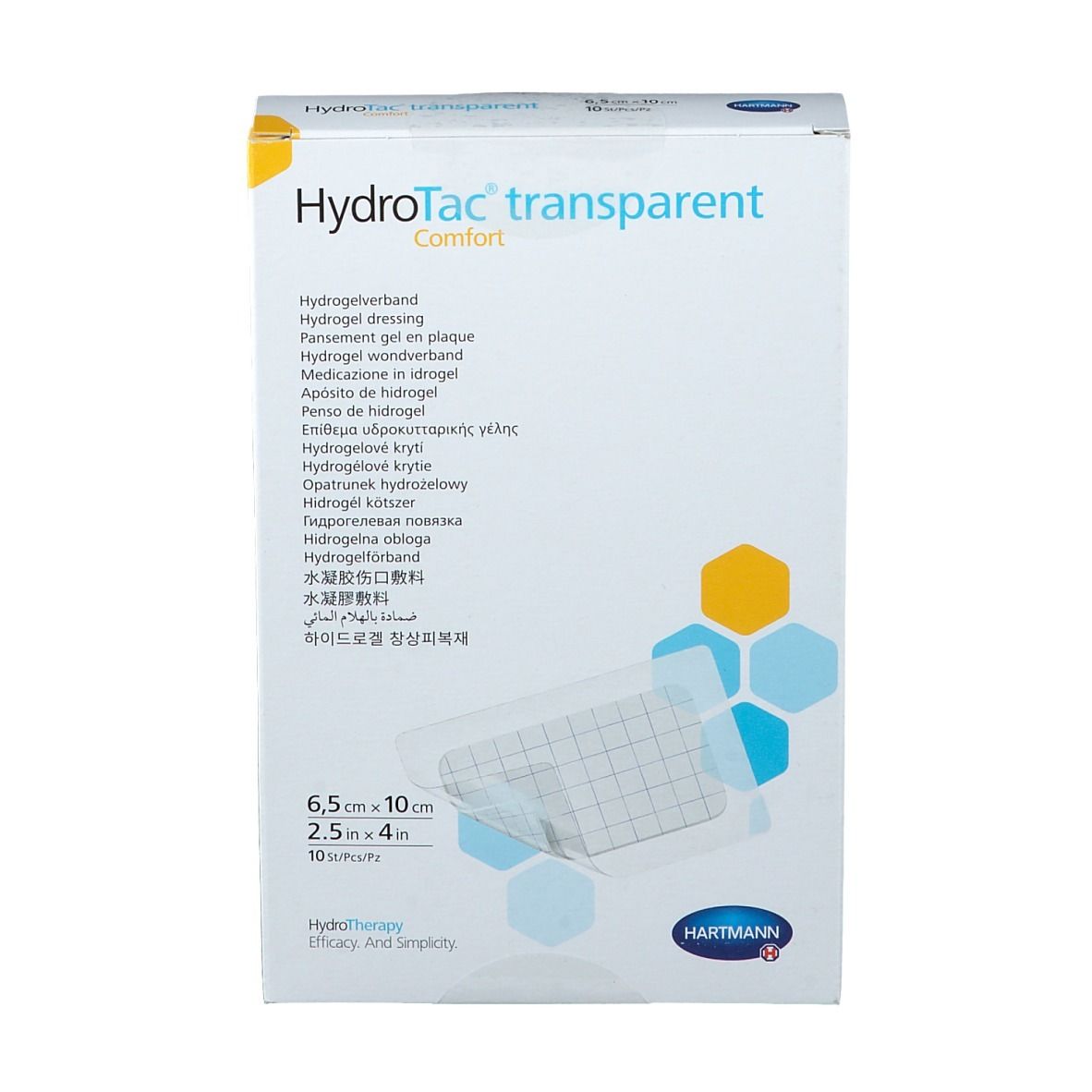 Vista frontale della confezione HydroTac transparent comfort. Dimensioni 6,5 x 10 cm. 10 pezzi. Logo Hartmann.