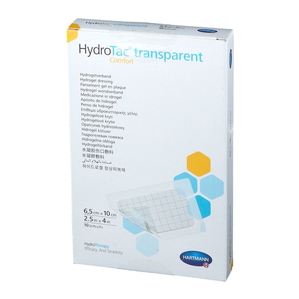Vista frontale della confezione HydroTac transparent comfort. Dimensioni 6,5 x 10 cm. 10 pezzi. Logo Hartmann.