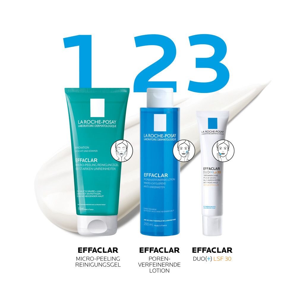 Tre prodotti La Roche-Posay Effaclar. Gel detergente micro-peeling. Lozione affinante pori. Effaclar Duo(+) SPF 30.