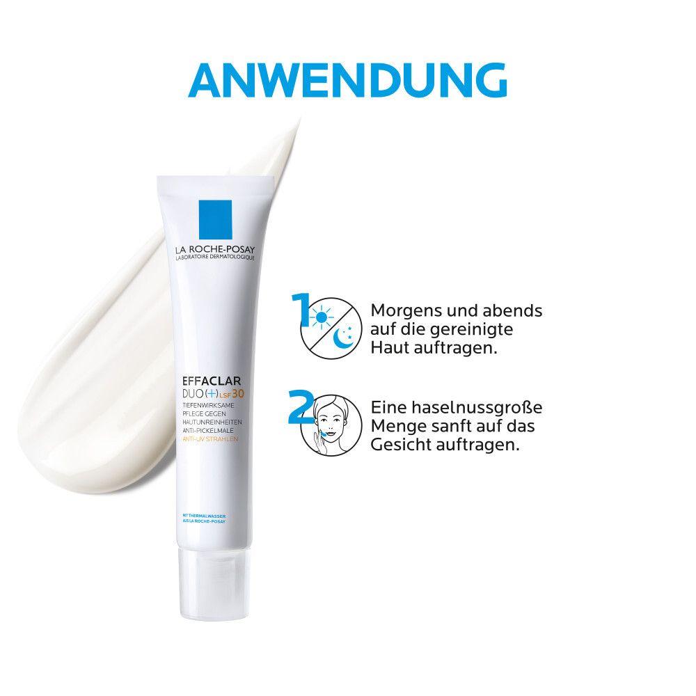Tubo La Roche-Posay Effaclar Duo+ UV 30. Uso: Applicare mattina e sera sulla pelle pulita. Applicare una quantità a nocciola.