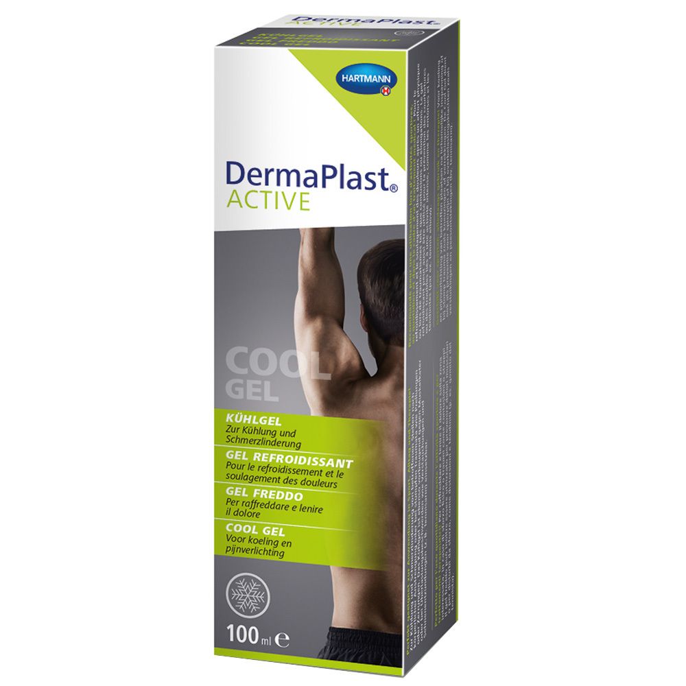 Confezione di DermaPlast Active Cool Gel. Bianco, verde e grigio. Nome del prodotto e immagine di un uomo.