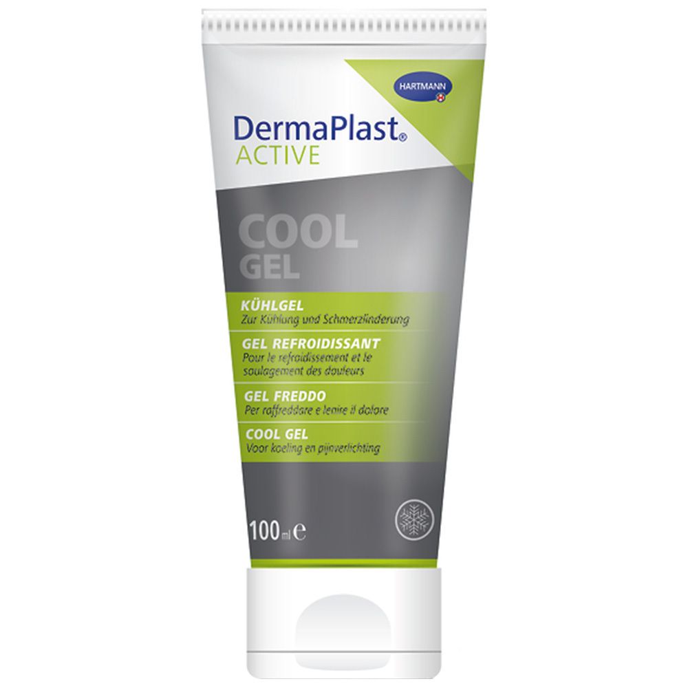 Tubo di DermaPlast Active Cool Gel. Bianco, verde e grigio. Nome del prodotto e testo in più lingue.