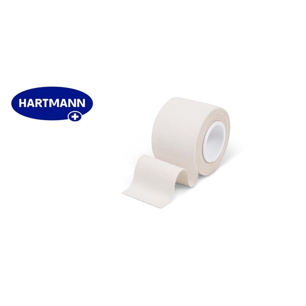 Rotolo di Sport Tape bianco. Marchio Hartmann. Nastro arrotolato, con pezzo srotolato.