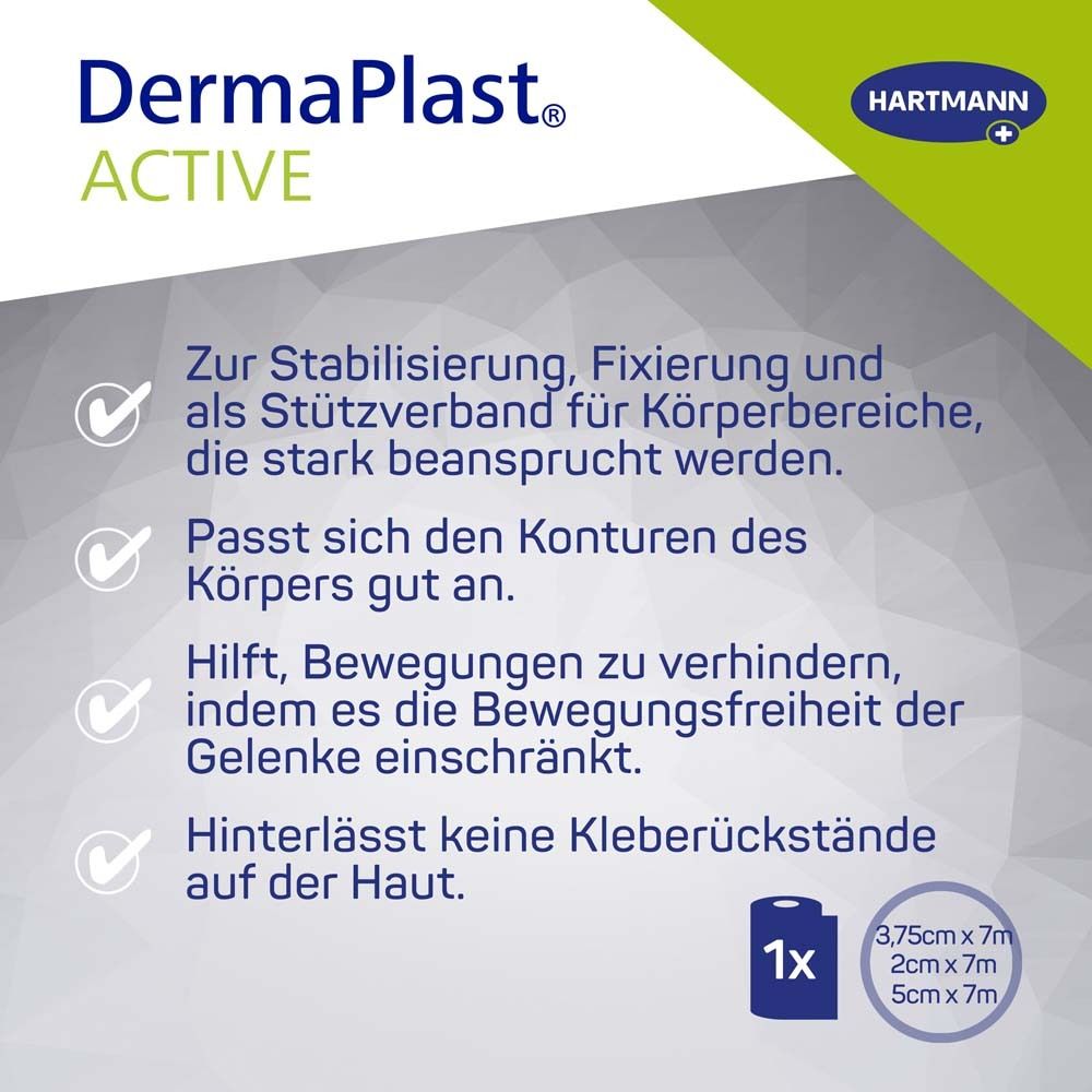 Testo con informazioni sul prodotto. 1x nastro, dimensioni 3,75cm x 7m, 2cm x 7m, 5cm x 7m. DermaPlast ACTIVE.