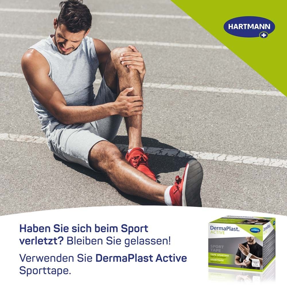 Uomo seduto su pista, tiene il ginocchio. Confezione del prodotto DermaPlast ACTIVE Sporttape.