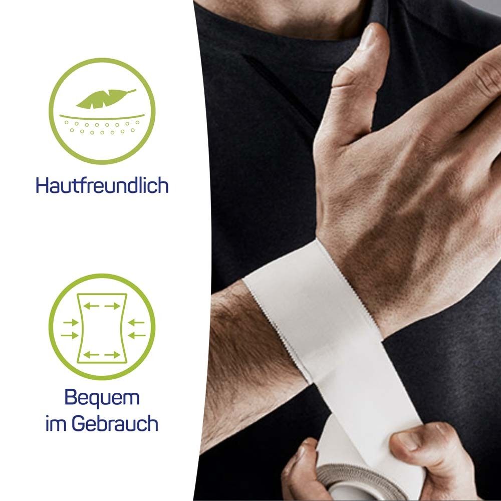 Mano avvolta con Sport Tape. Simboli: delicato sulla pelle, comodo da usare.