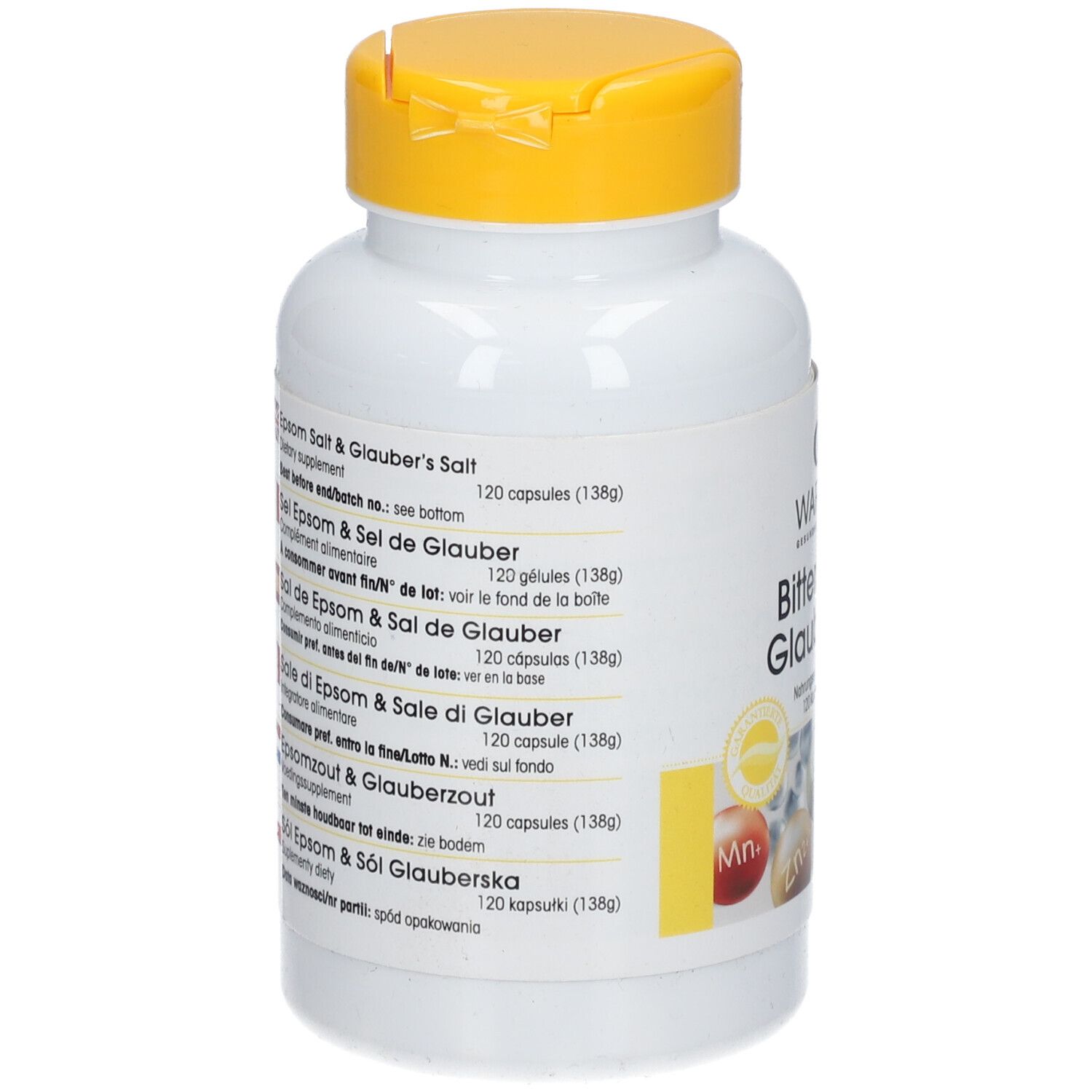Retro del flacone. Informazioni multilingue su sale Epsom & sale di Glauber. 120 capsule. Informazioni in tedesco, francese, italiano, olandese.