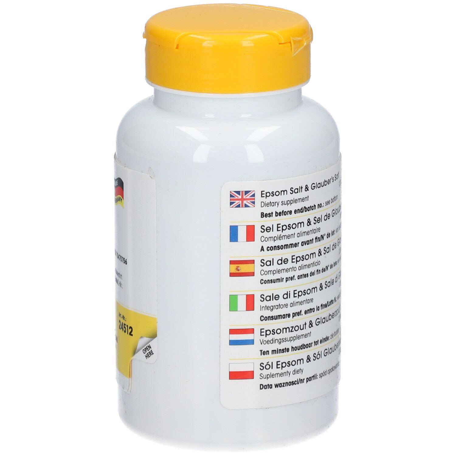 Retro del flacone. Informazioni multilingue su sale Epsom & sale di Glauber. Bandiere di Regno Unito, Francia, Spagna, Italia, Paesi Bassi.