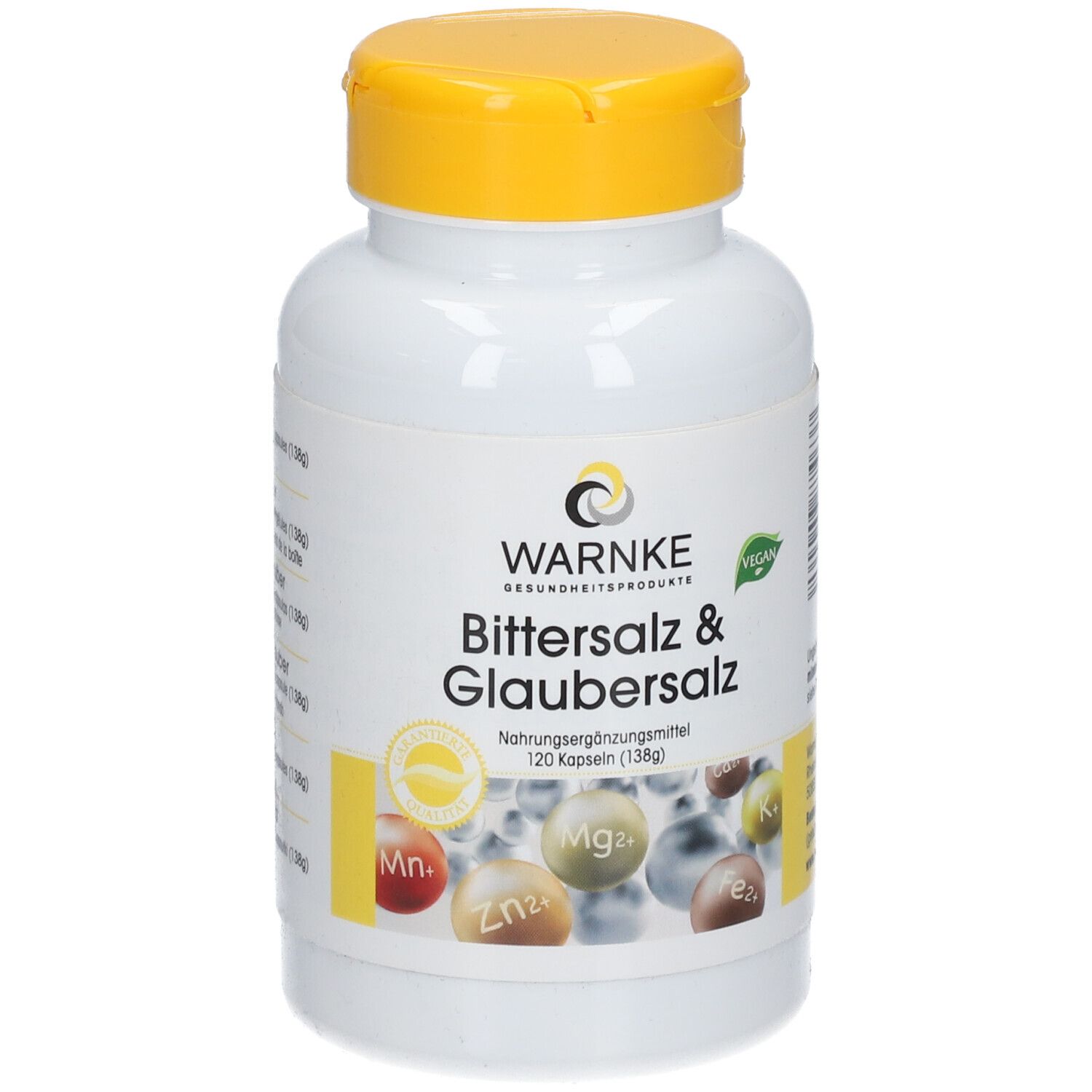 Flacone bianco con tappo giallo. Scritta: WARNKE Bittersalz & Glaubersalz. 120 capsule. Sigillo vegano. Illustrazioni di minerali.