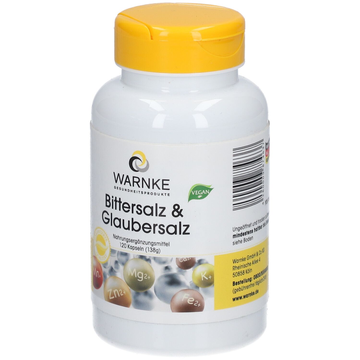 Flacone bianco con tappo giallo. Scritta: WARNKE Bittersalz & Glaubersalz. 120 capsule. Sigillo vegano. Informazioni sulla durata.