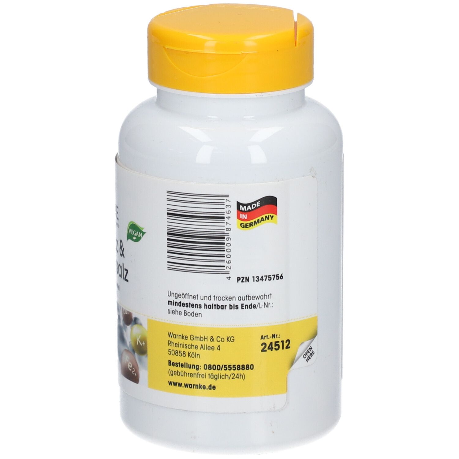 Retro del flacone. Prodotto in Germania. Informazioni su produttore, indirizzo, numero di telefono. Numero PZN e numero articolo.