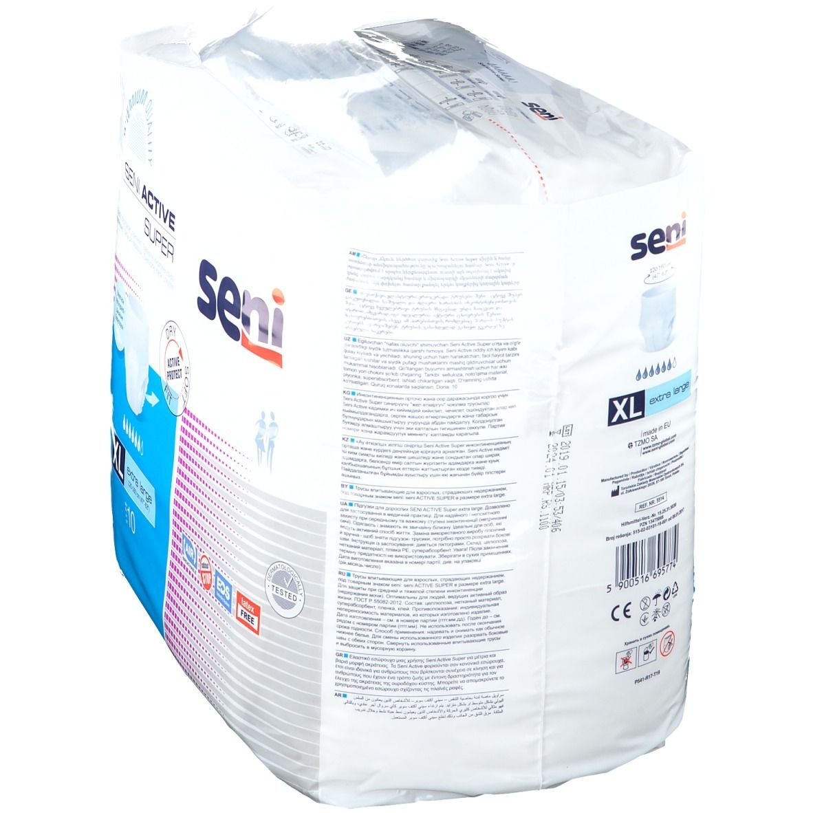 Confezione Seni Active Super, XL. Retro con informazioni sul prodotto e codice a barre. Logo Seni visibile.