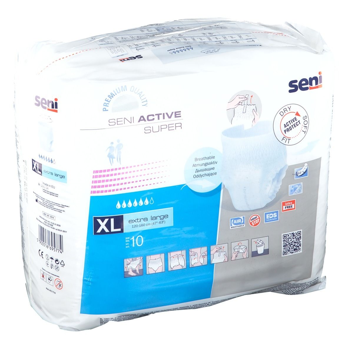 Confezione Seni Active Super, XL, 10 pezzi. Nome e logo visibili. Caratteristiche: Dry Protect, Soft Fit, Air, EDS, Free.