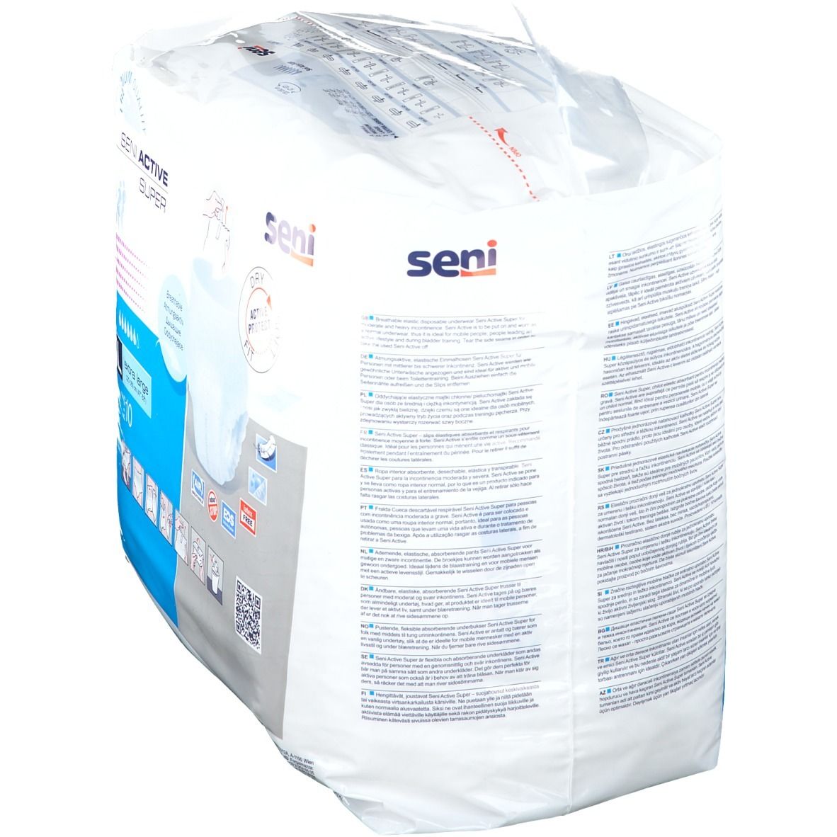 Confezione Seni Active Super, XL. Retro con informazioni sul prodotto e codice QR. Logo Seni visibile.