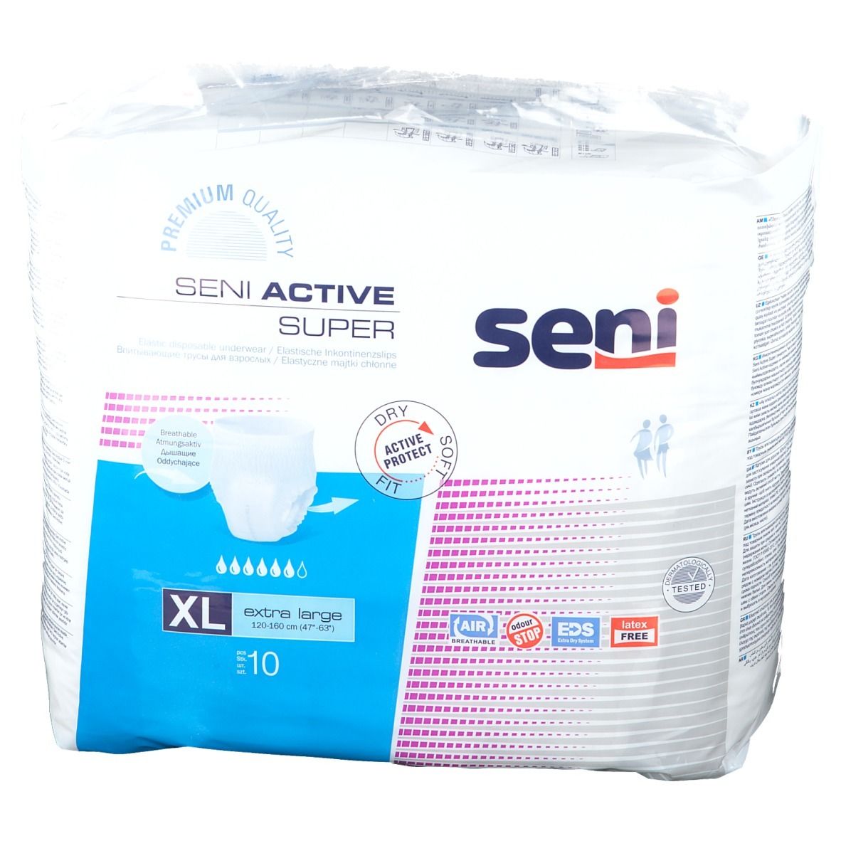 Confezione Seni Active Super, XL, 10 pezzi. Nome e logo visibili. Caratteristiche: Dry Protect, Soft Fit, Air, EDS, Free.