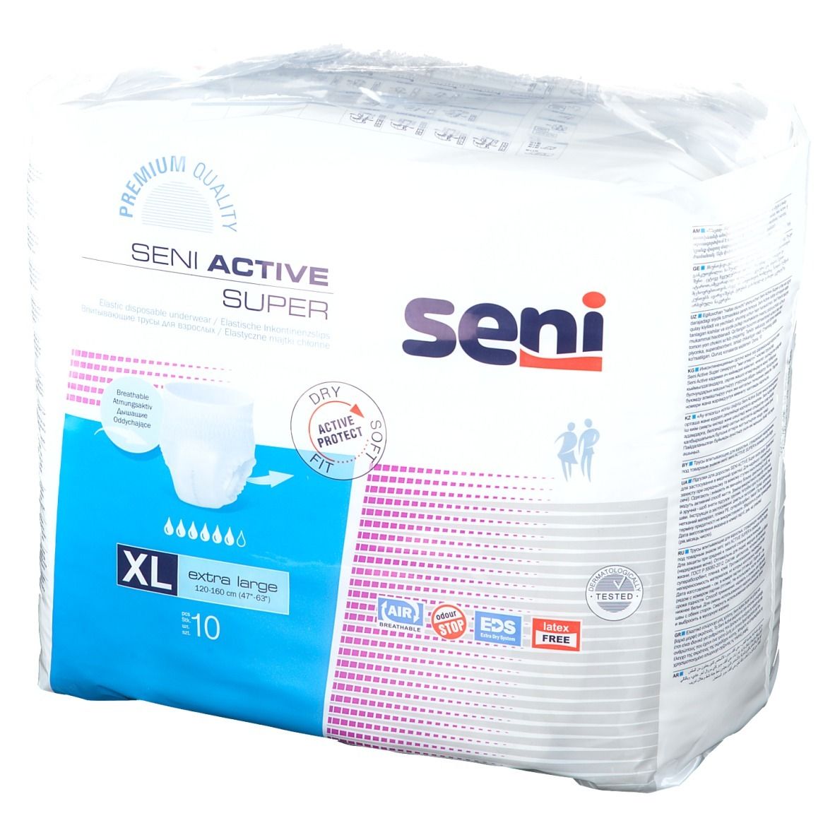 Confezione Seni Active Super, XL, 10 pezzi. Nome e logo visibili. Caratteristiche: Dry Protect, Soft Fit, Air, EDS, Free, Tested.