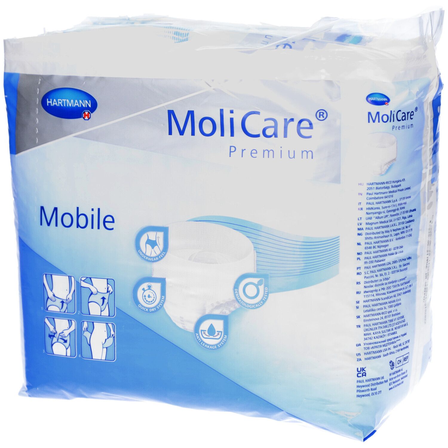 Confezione di MoliCare Premium Mobile XS. Marchio e nome del prodotto visibili. Illustrazioni per l'uso.