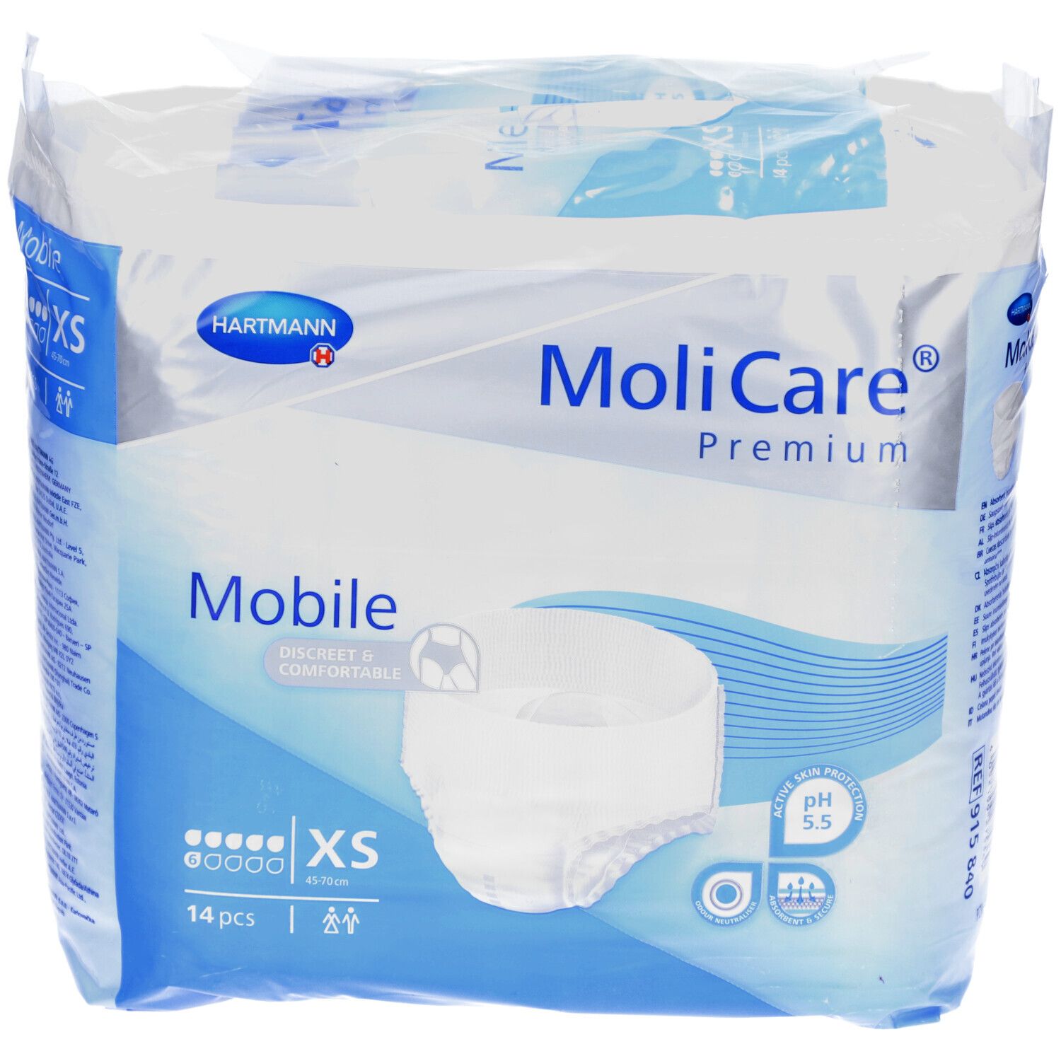 Confezione di MoliCare Premium Mobile XS. Contiene 14 pezzi. Marchio e nome del prodotto visibili. Indicazione del pH.