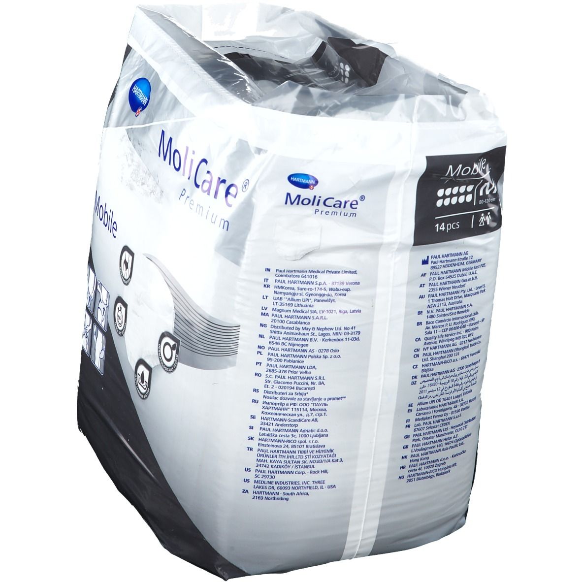 Confezione MoliCare Mobile. Marchio Hartmann. Nome prodotto Mobile. Contenuto: 14 pezzi. Testo multilingue.